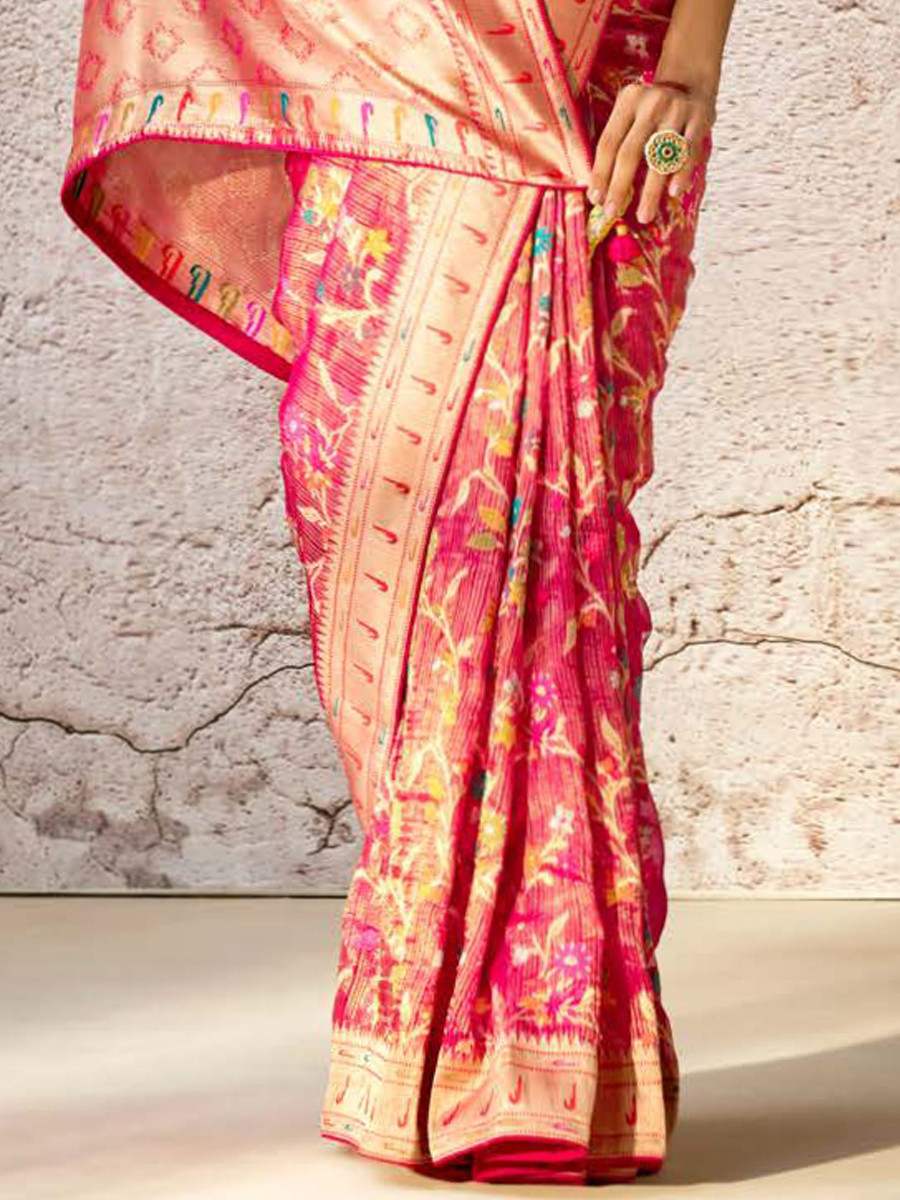 Pink Banarasi Silk Embroidered Reception Wedding Heavy Border Saree