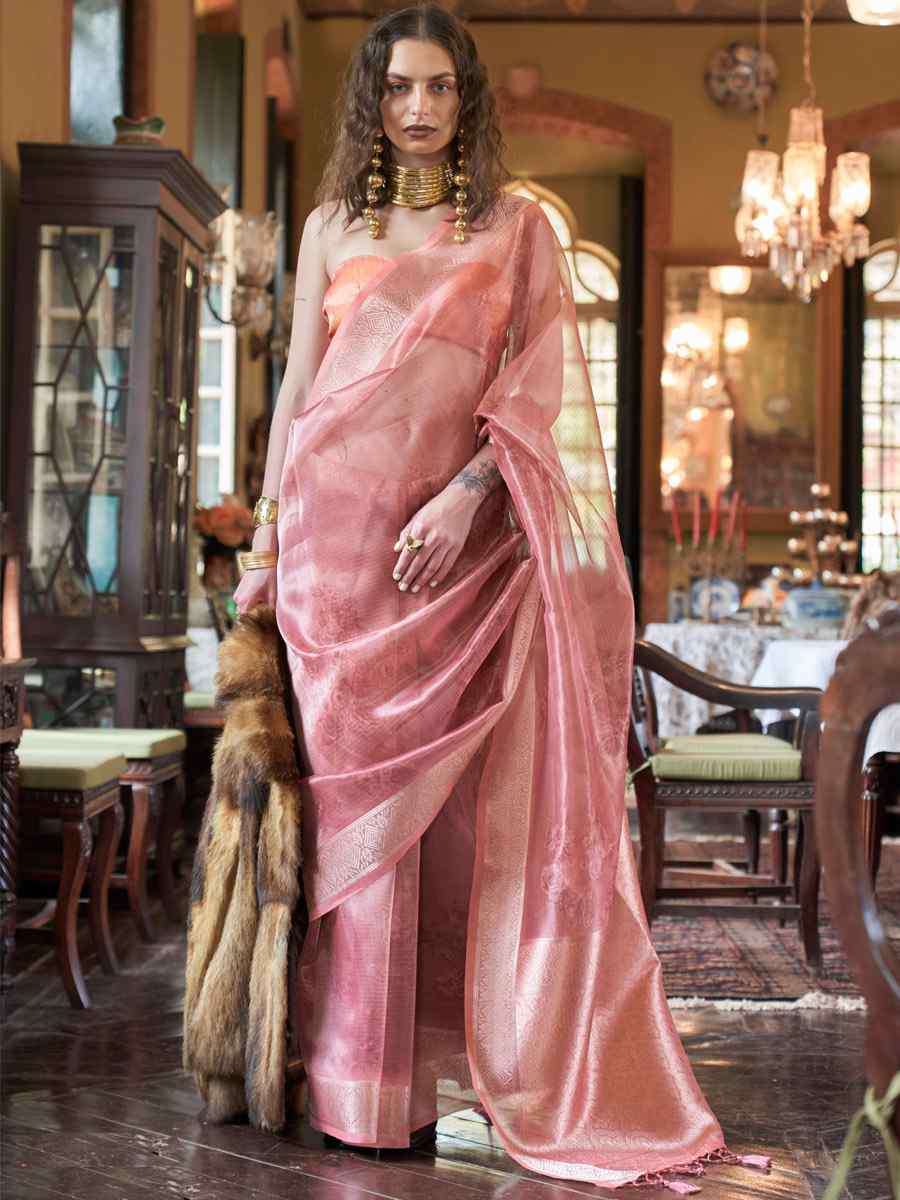 Pink Banarasi Silk Handwoven Festival Casual Heavy Border Saree