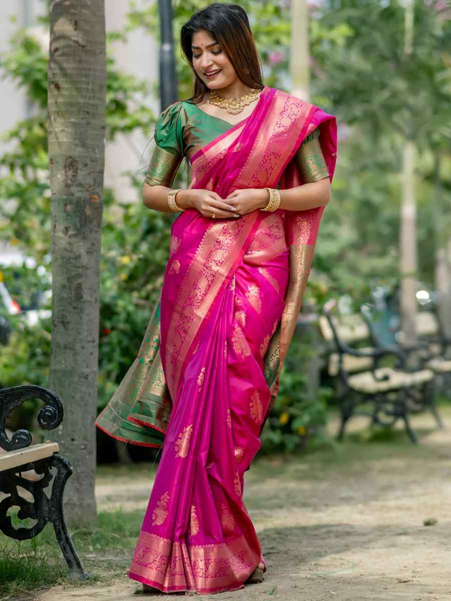 Pink Banarasi Silk Handwoven Festival Wedding Heavy Border Saree