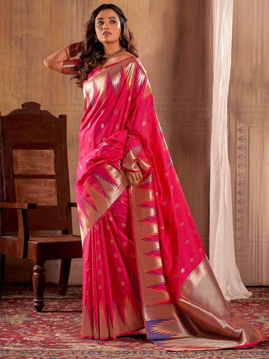 Pink Banarasi Silk Handwoven Wedding Festival Heavy Border Saree