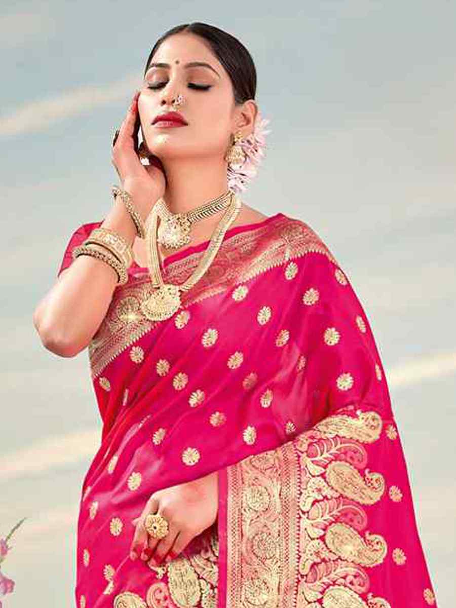 Pink Banarasi Silk Handwoven Wedding Festival Heavy Border Saree