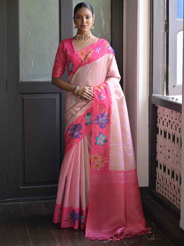 Pink Banarasi Silk Printed Festival Casual Contemporary Saree
