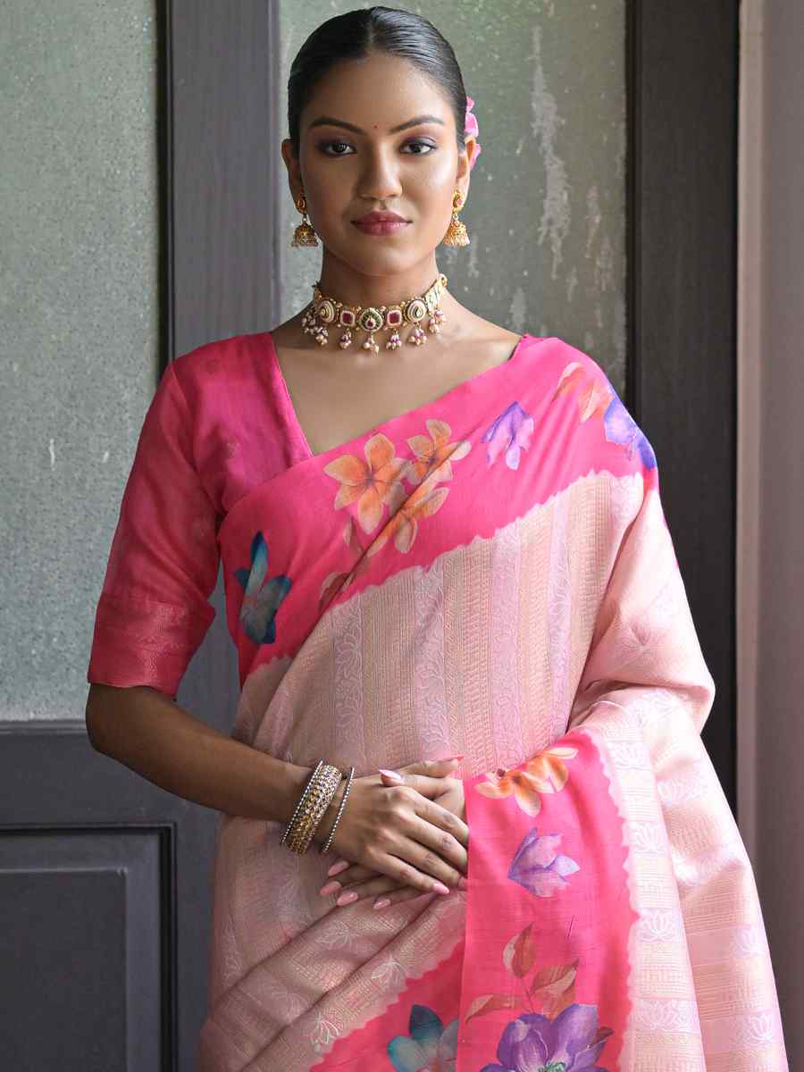 Pink Banarasi Silk Printed Festival Casual Contemporary Saree