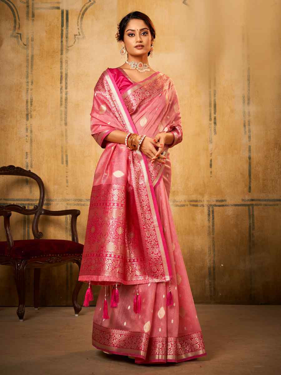 Pink Banarasi Slik Handwoven Festival Wedding Heavy Border Saree