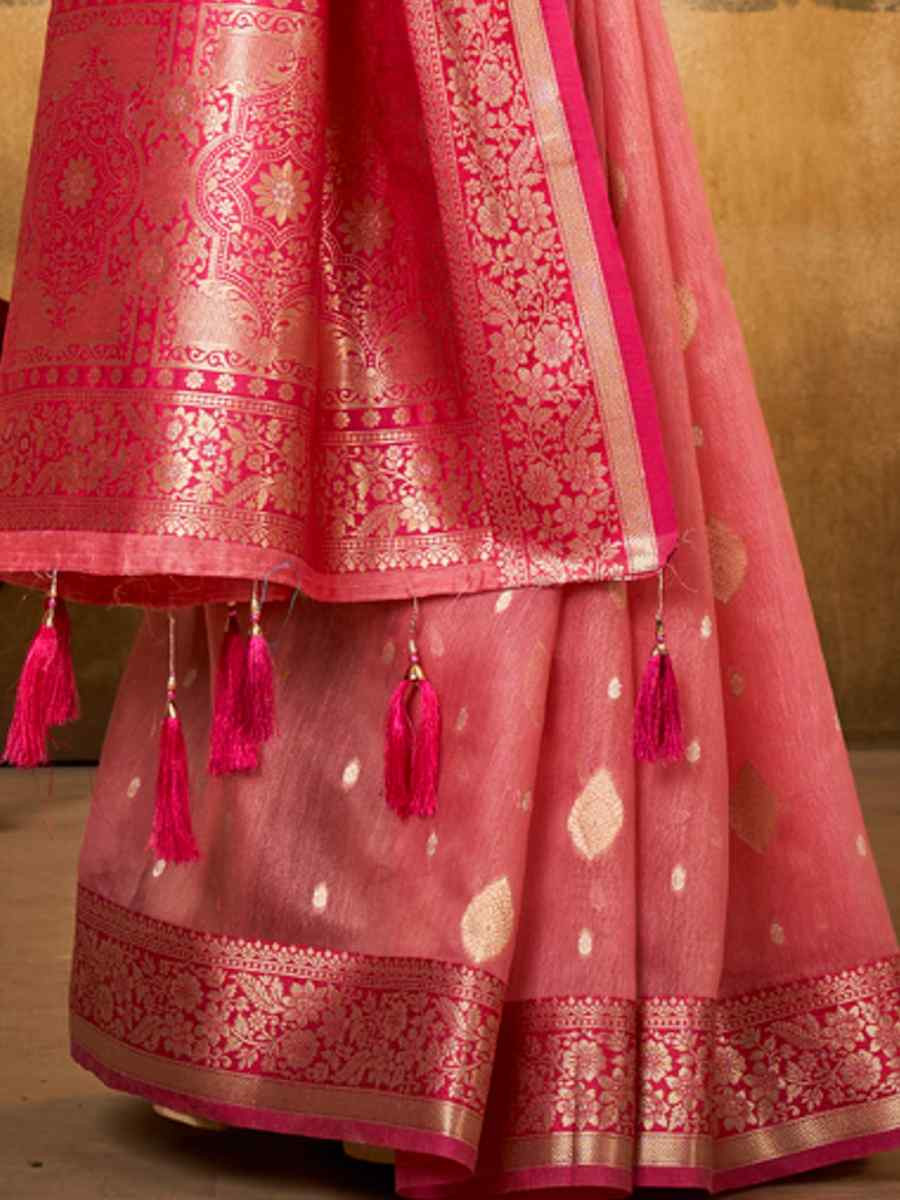 Pink Banarasi Slik Handwoven Festival Wedding Heavy Border Saree