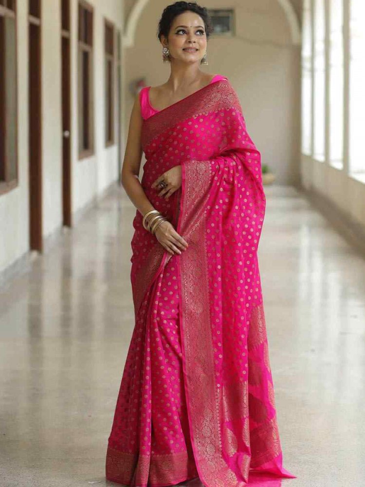 Pink Banarasi Soft Silk Handwoven Festival Wedding Heavy Border Saree
