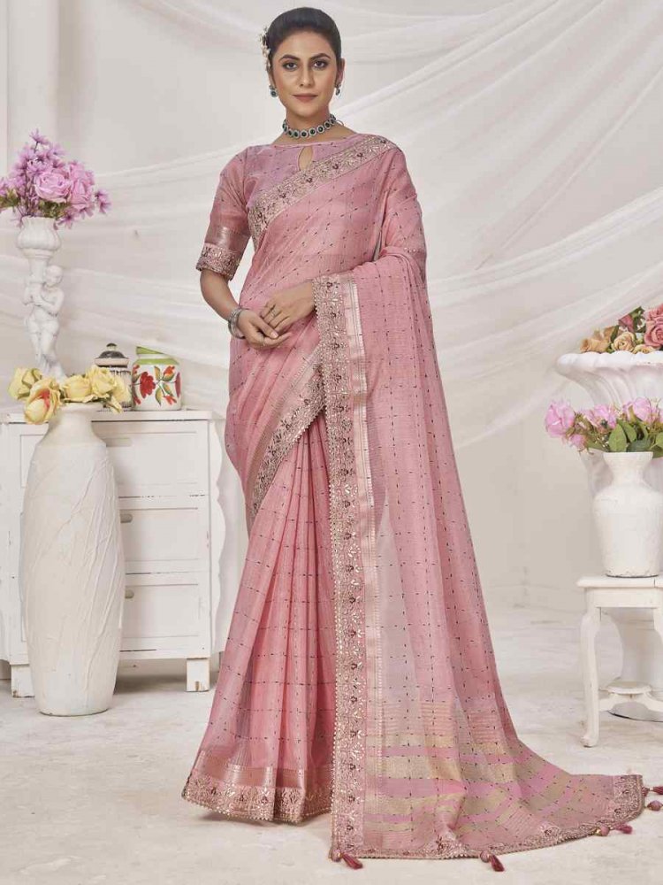 Pink Banarasi Zari Silk Embroidered Wedding Festival Heavy Border Saree