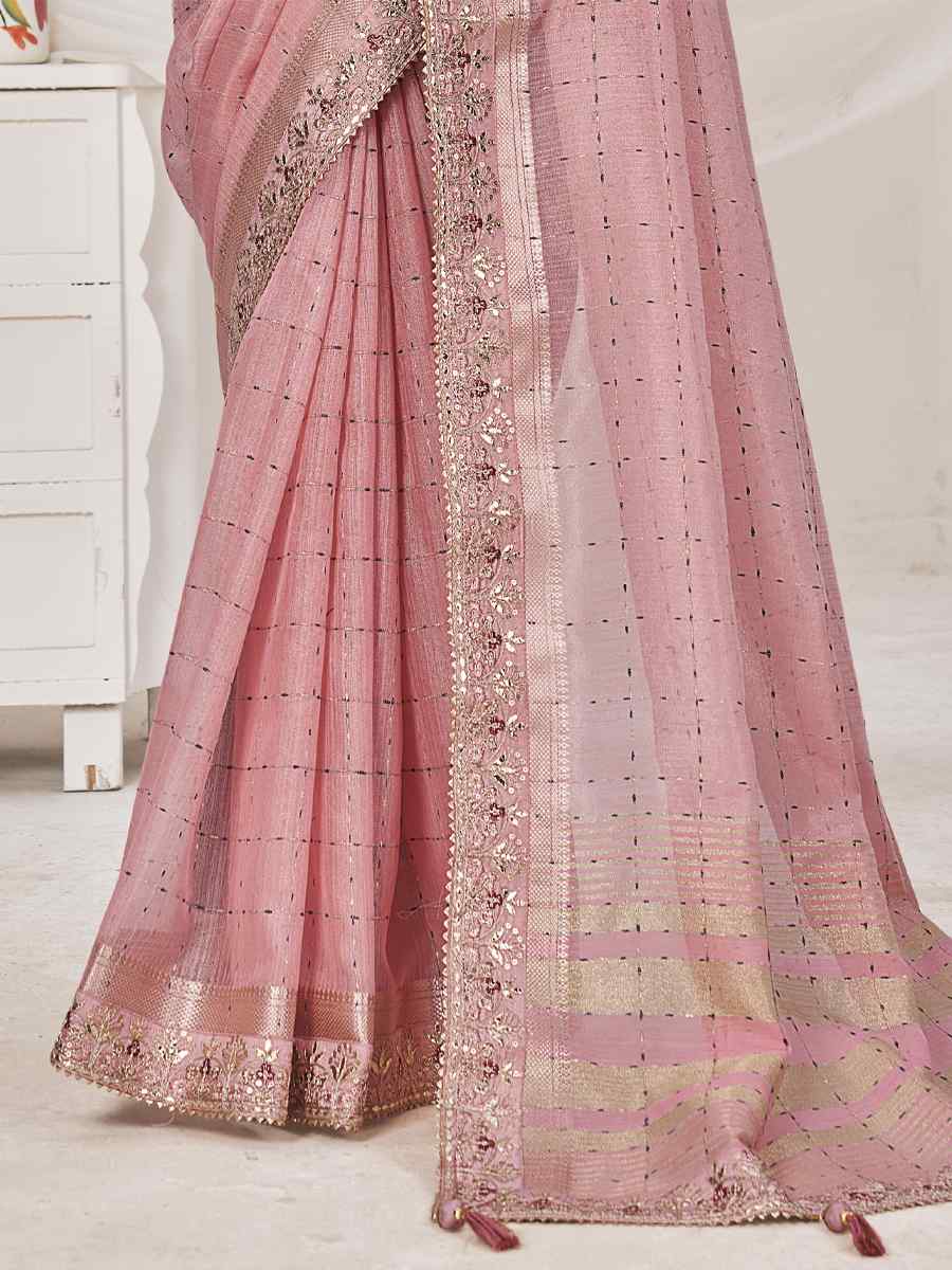 Pink Banarasi Zari Silk Embroidered Wedding Festival Heavy Border Saree