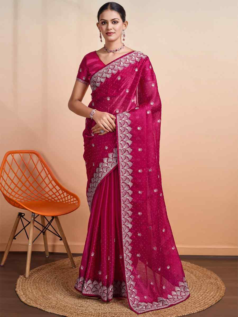 Pink Blooming Burberry Embroidered Festival Party Heavy Border Saree