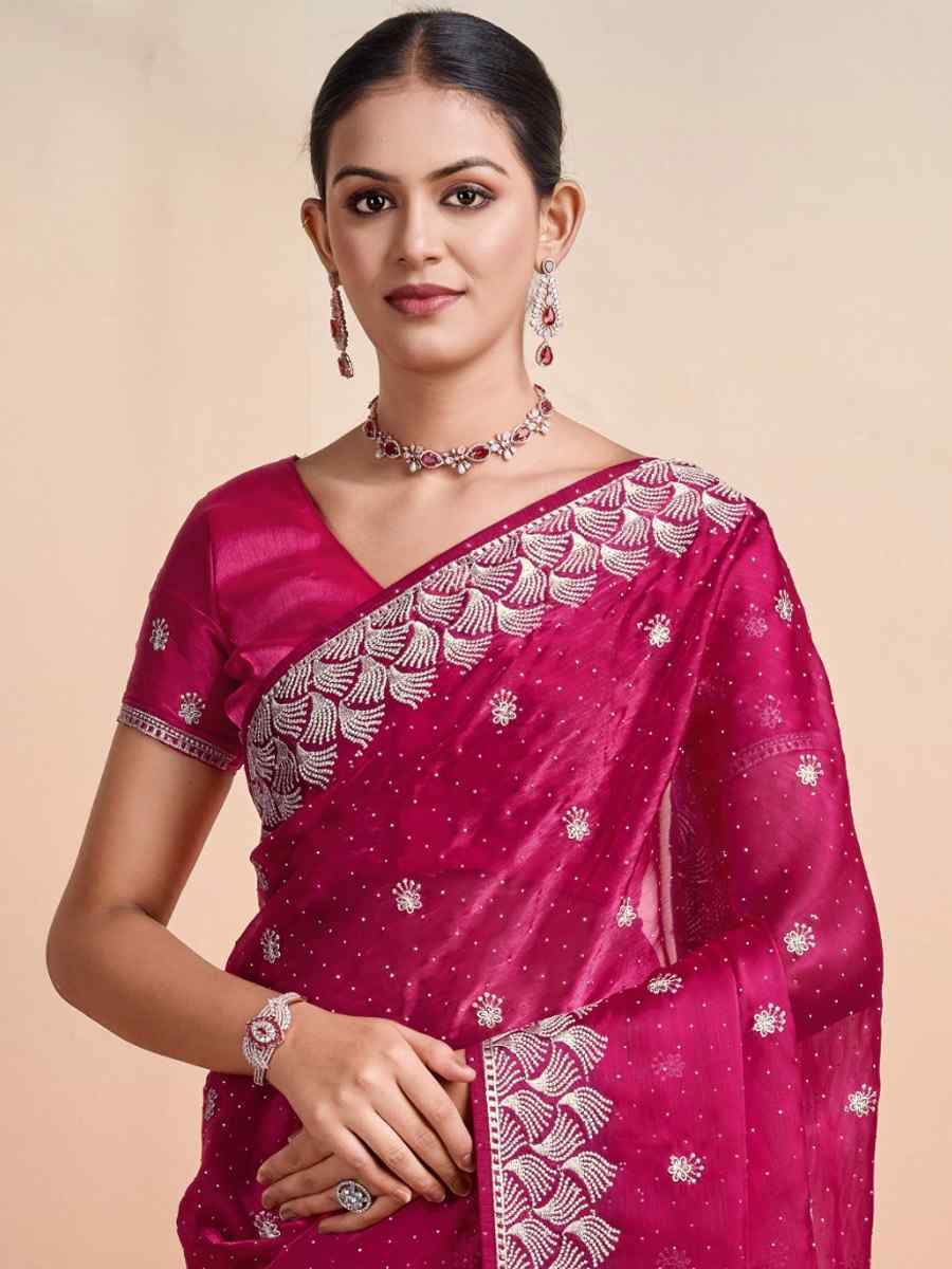 Pink Blooming Burberry Embroidered Festival Party Heavy Border Saree