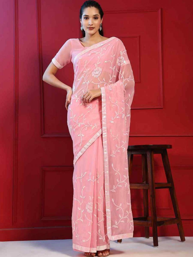 Pink Blooming Georgette Sequins Party Wedding Classic Style Saree