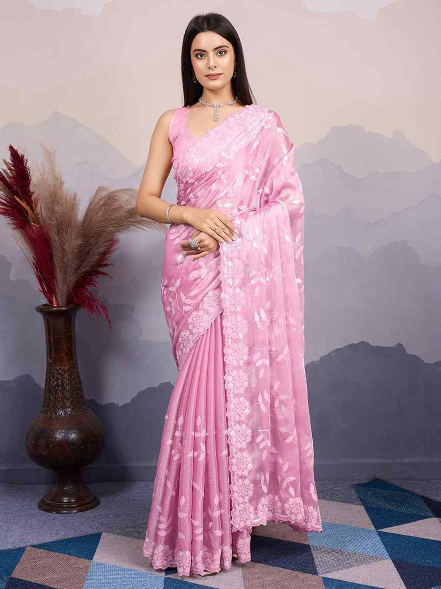 Pink Burberry Silk Handwoven Festival Wedding Heavy Border Saree