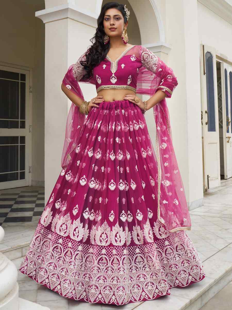 Pink Butterfly Net Embroidered Wedding Festival Heavy Border Lehenga Choli