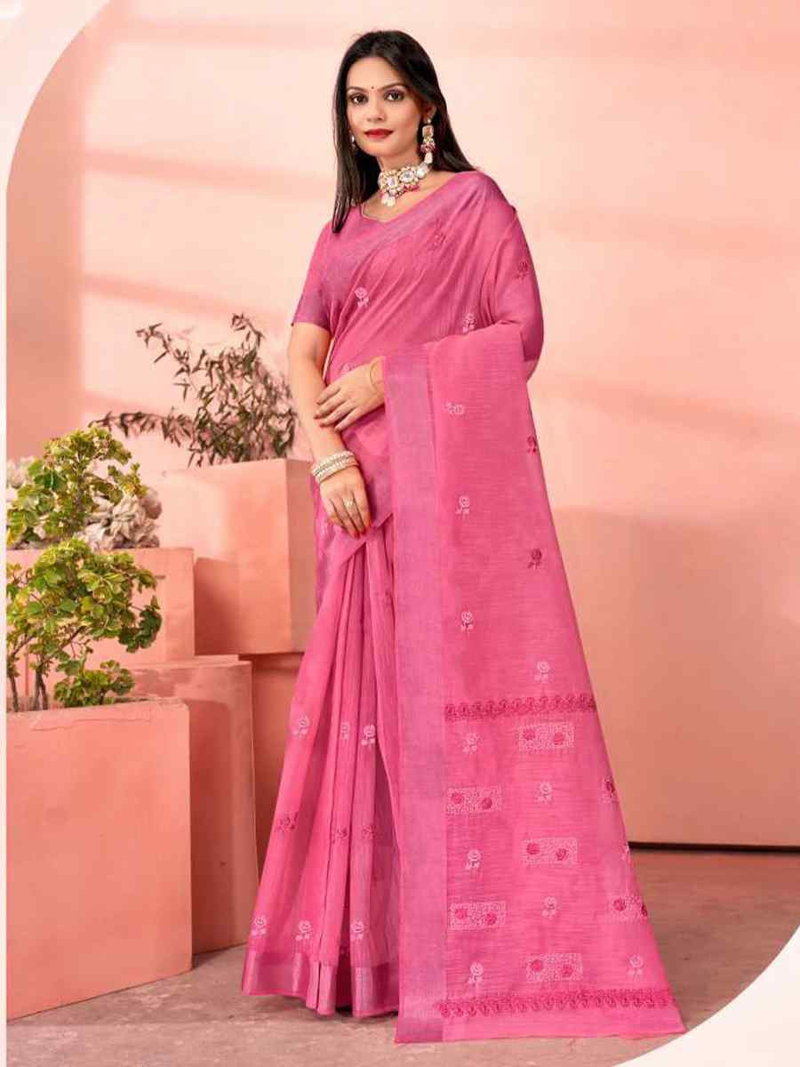 Pink Chanderi Cotton Handwoven Festival Casual Heavy Border Saree