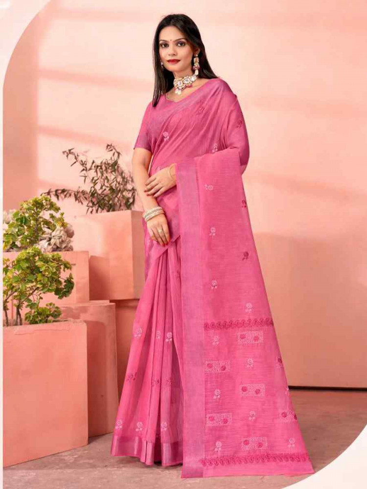 Pink Chanderi Cotton Handwoven Festival Casual Heavy Border Saree