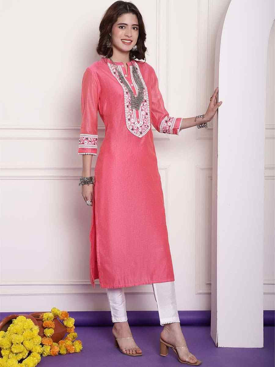 Pink Chanderi Embroidered Festival Casual Kurti