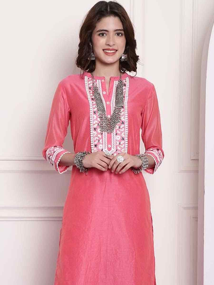 Pink Chanderi Embroidered Festival Casual Kurti