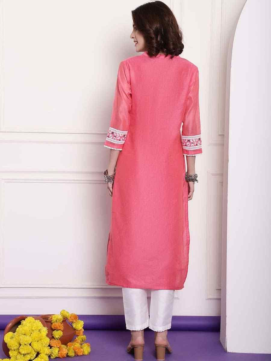 Pink Chanderi Embroidered Festival Casual Kurti