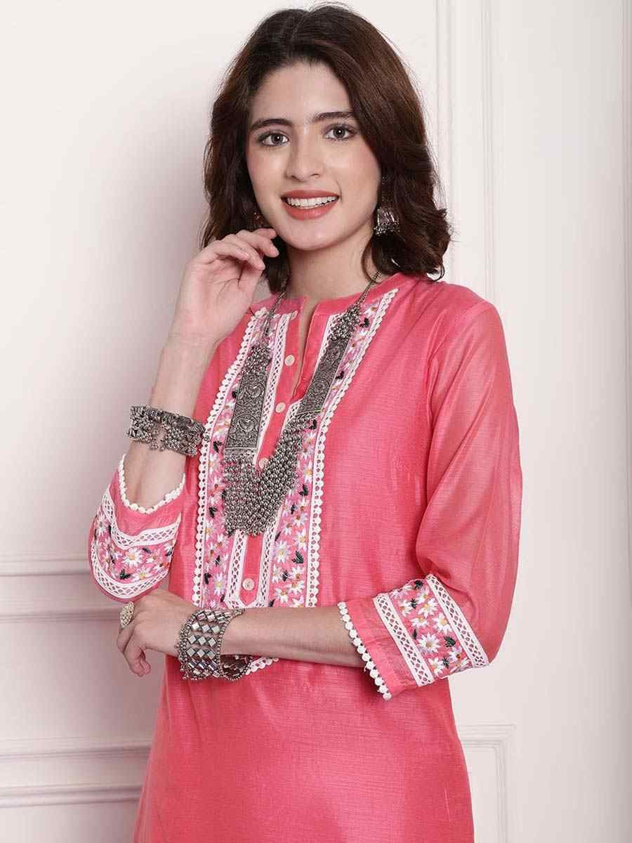 Pink Chanderi Embroidered Festival Casual Kurti