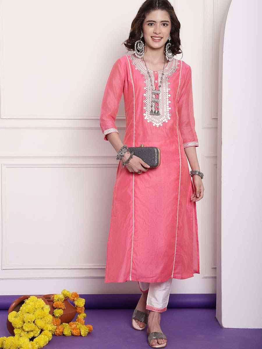 Pink Chanderi Embroidered Festival Casual Kurti