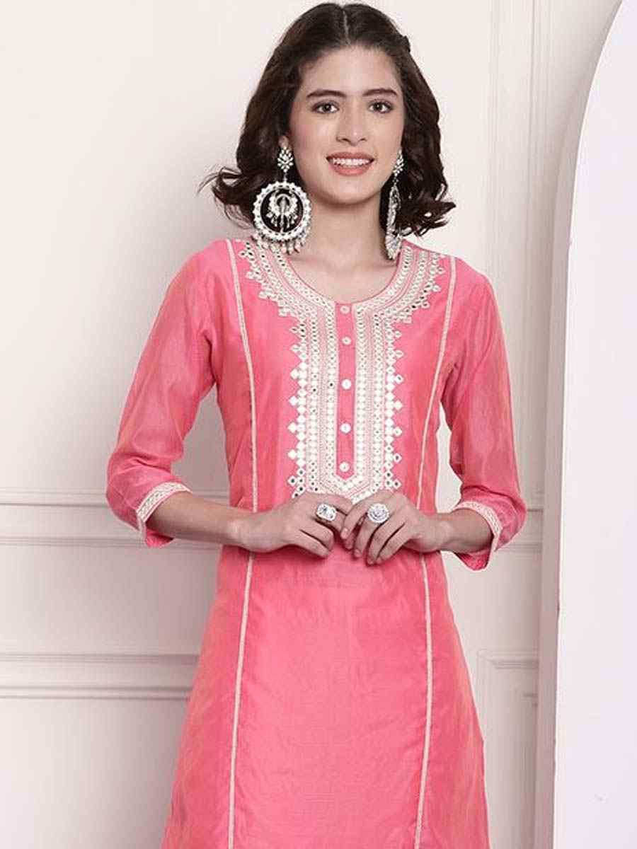 Pink Chanderi Embroidered Festival Casual Kurti