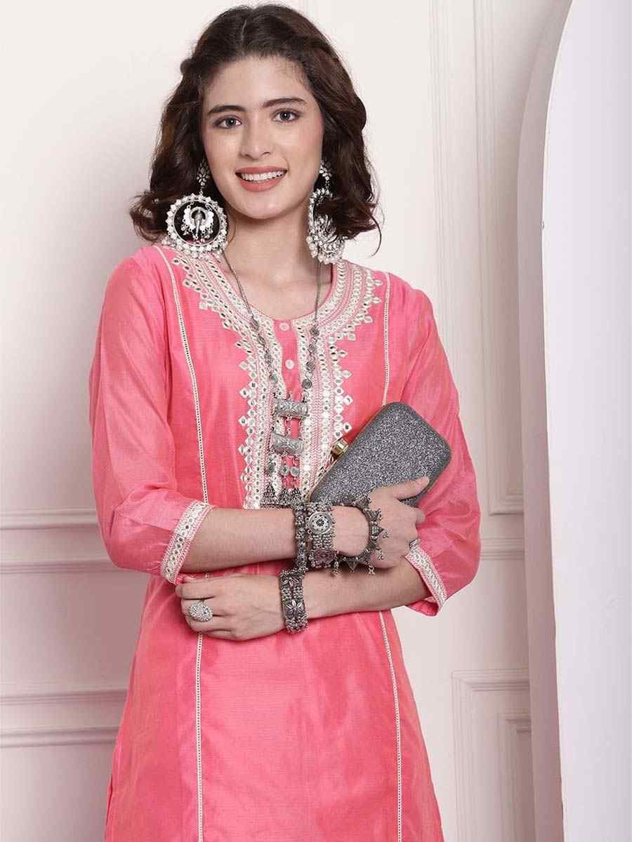 Pink Chanderi Embroidered Festival Casual Kurti