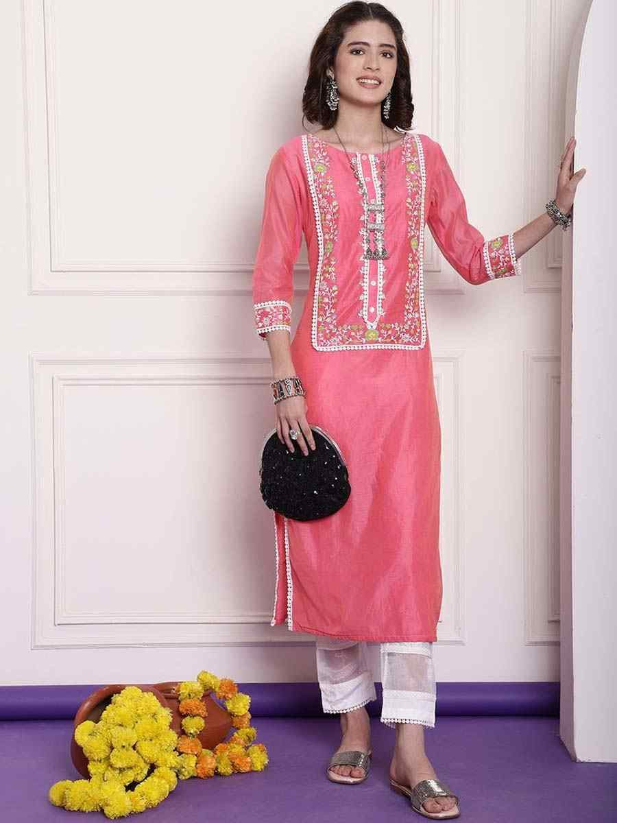 Pink Chanderi Embroidered Festival Casual Kurti