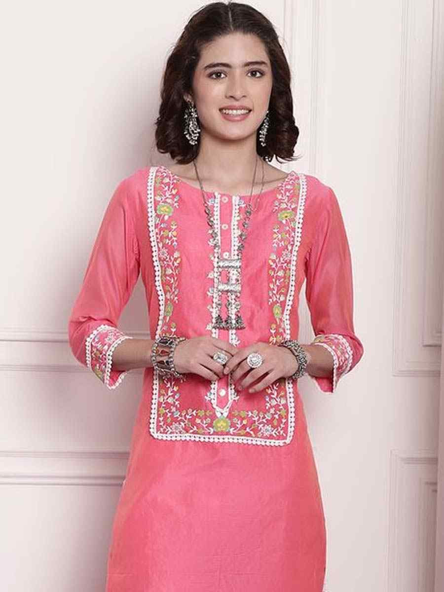 Pink Chanderi Embroidered Festival Casual Kurti