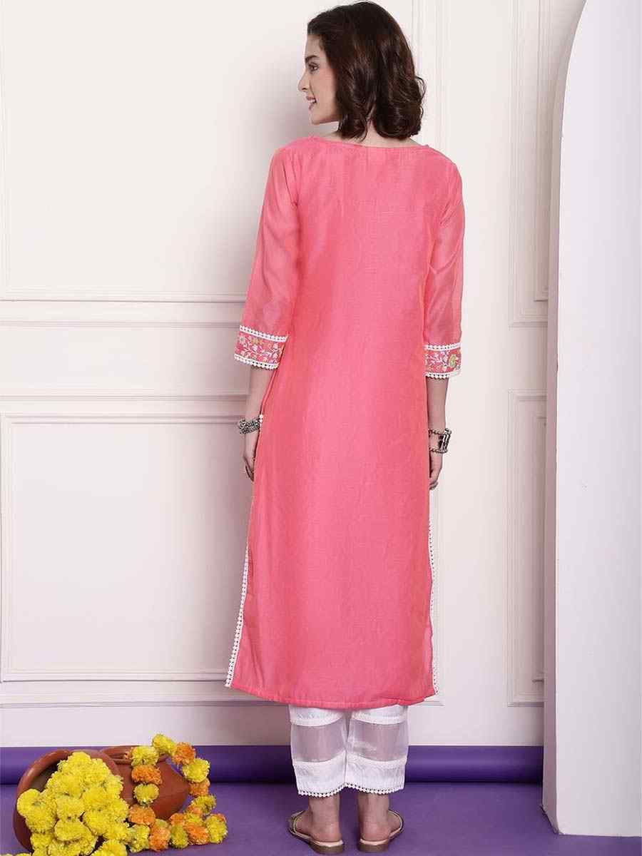 Pink Chanderi Embroidered Festival Casual Kurti