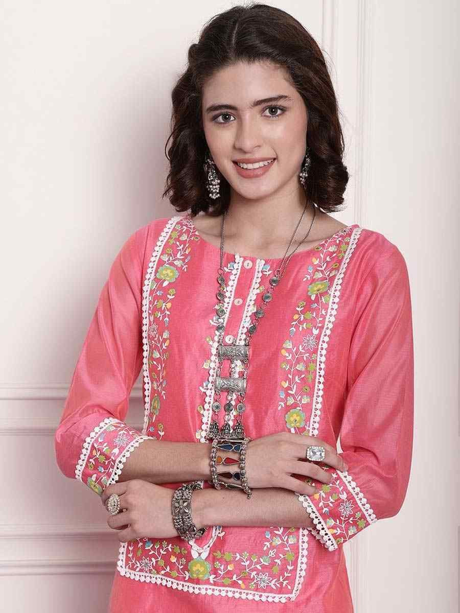 Pink Chanderi Embroidered Festival Casual Kurti