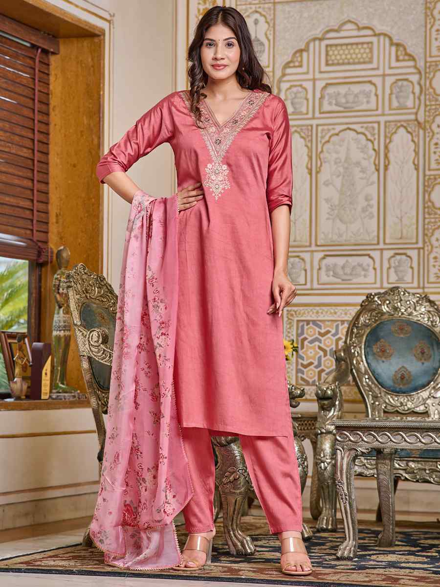 Pink Chanderi Embroidered Festival Casual Ready Pant Salwar Kameez