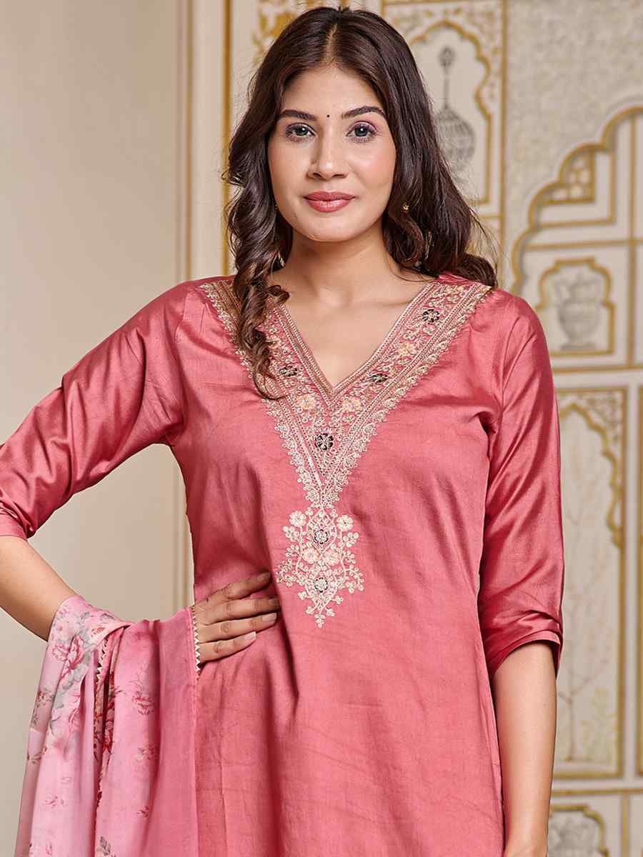 Pink Chanderi Embroidered Festival Casual Ready Pant Salwar Kameez