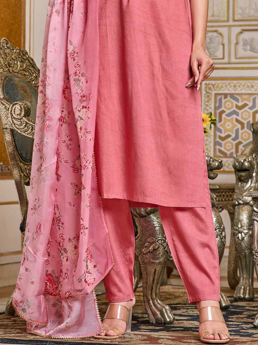 Pink Chanderi Embroidered Festival Casual Ready Pant Salwar Kameez