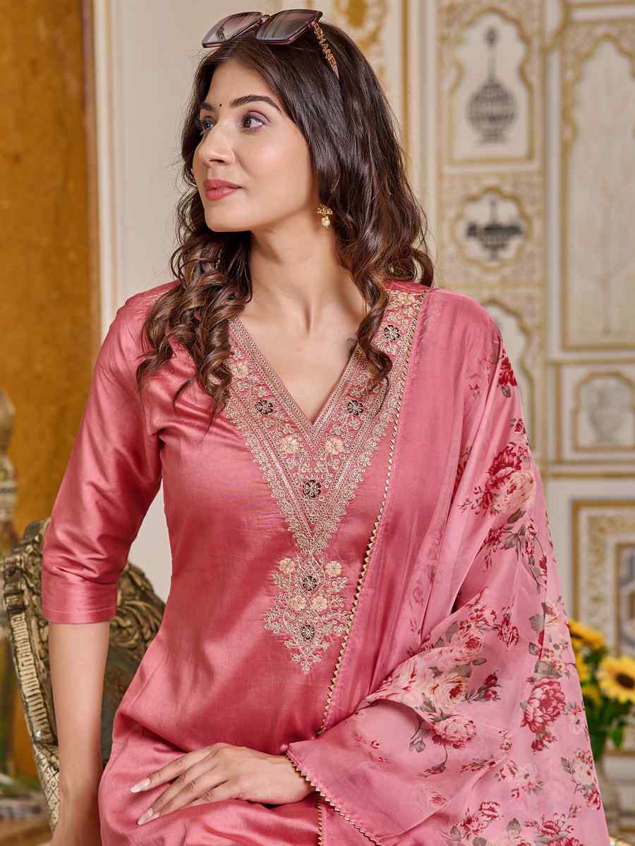 Pink Chanderi Embroidered Festival Casual Ready Pant Salwar Kameez