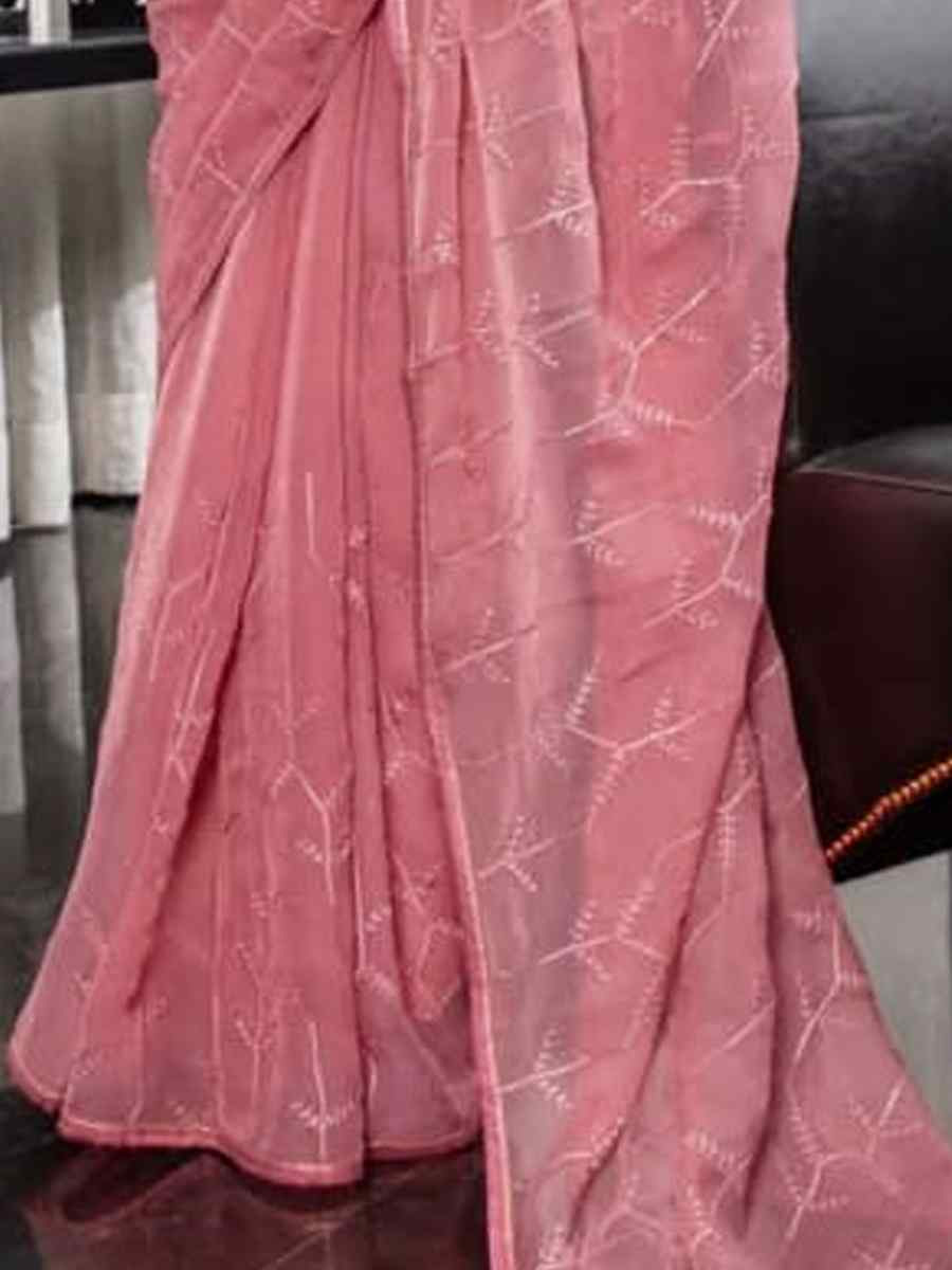 Pink Chiffon Embroidered Festival Wedding Classic Style Saree