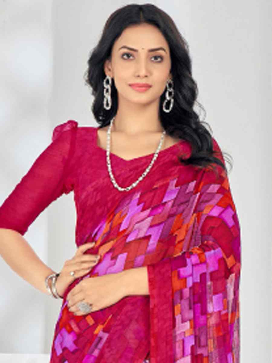 Pink Chiffon Printed Casual Festival Contemporary Saree