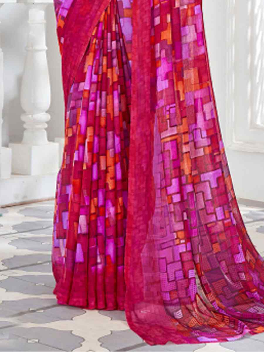 Pink Chiffon Printed Casual Festival Contemporary Saree