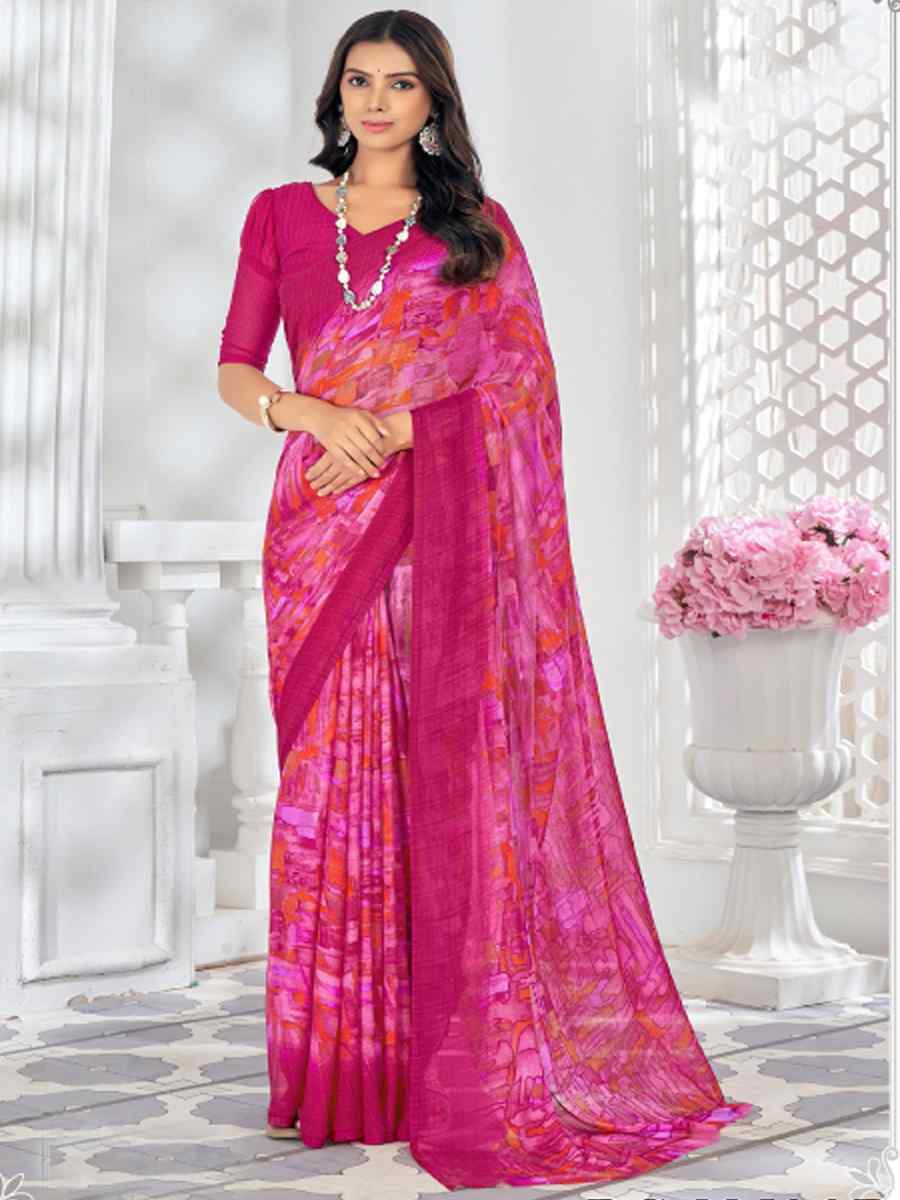 Pink Chiffon Printed Casual Festival Contemporary Saree