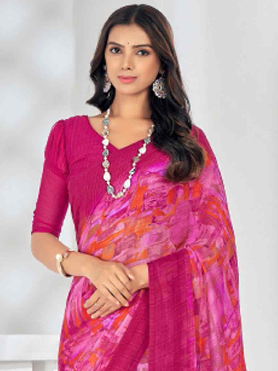 Pink Chiffon Printed Casual Festival Contemporary Saree