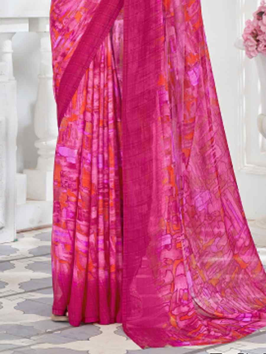 Pink Chiffon Printed Casual Festival Contemporary Saree