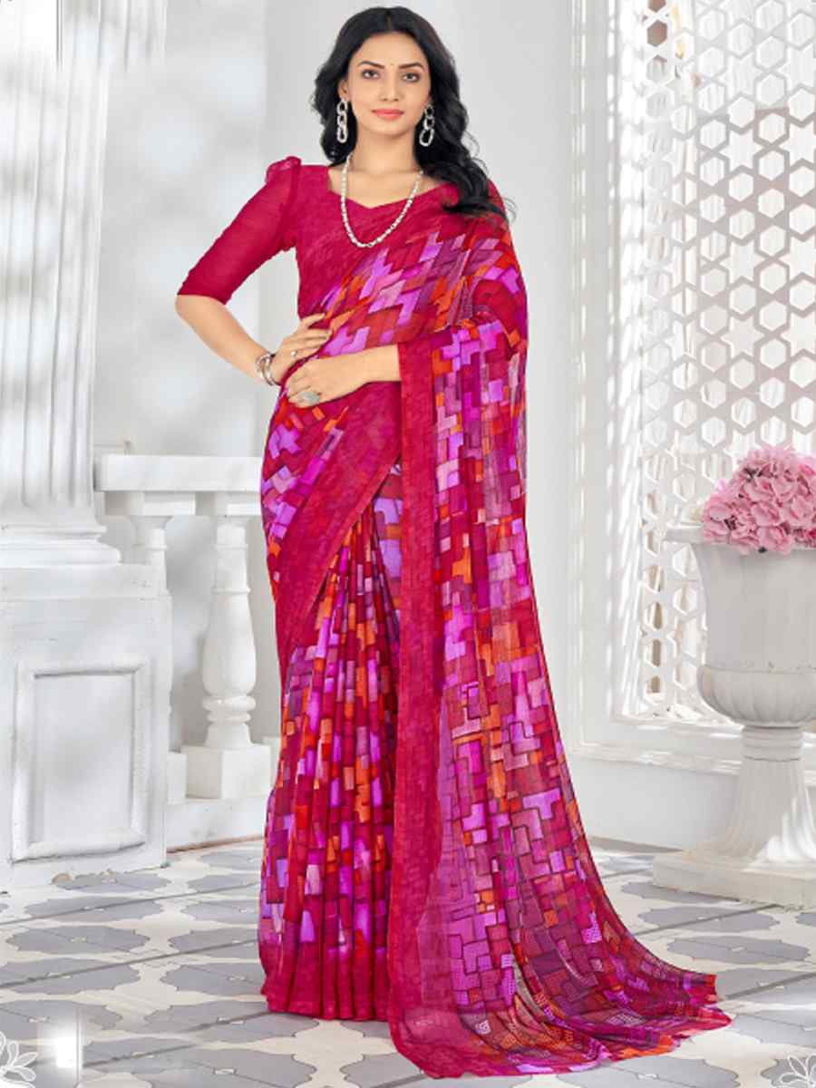 Pink Chiffon Printed Casual Festival Contemporary Saree