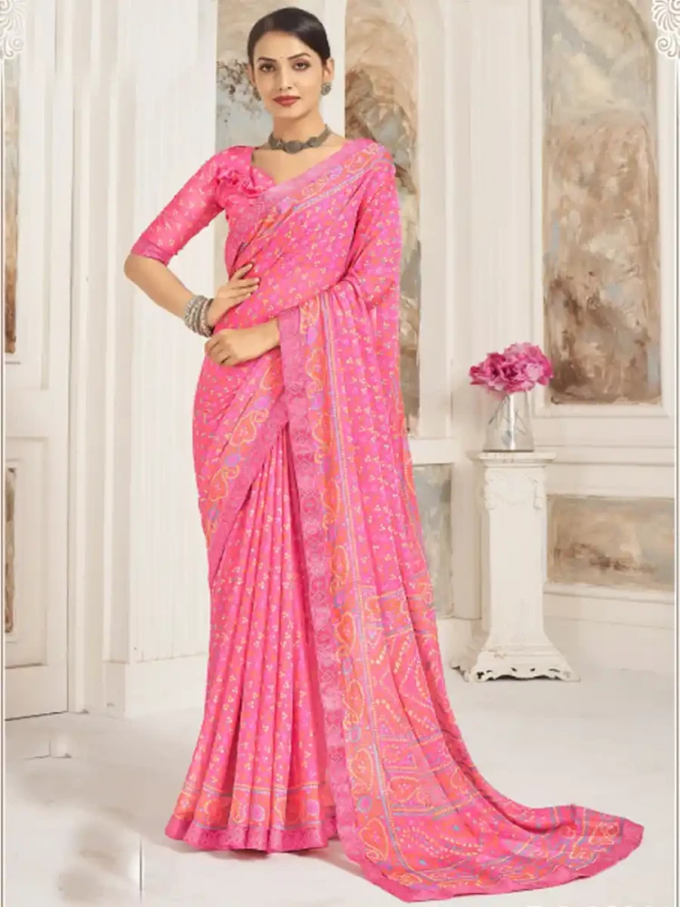 Pink Chiffon Printed Festival Casual Contemporary Saree