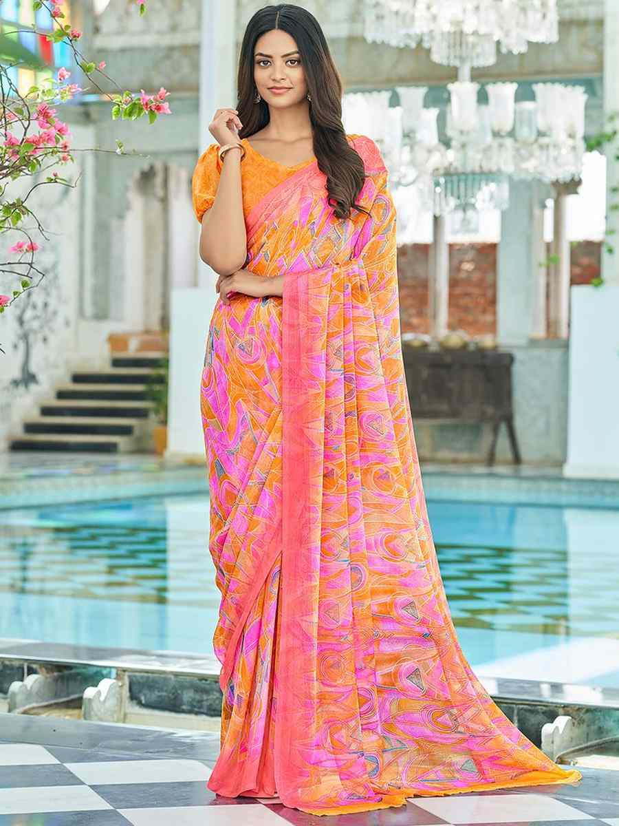 Pink Chiffon Printed Festival Party Contemporary Saree