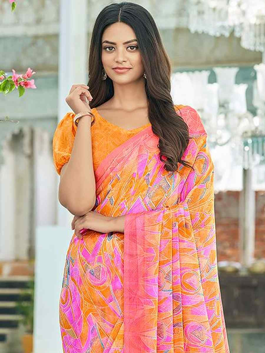 Pink Chiffon Printed Festival Party Contemporary Saree