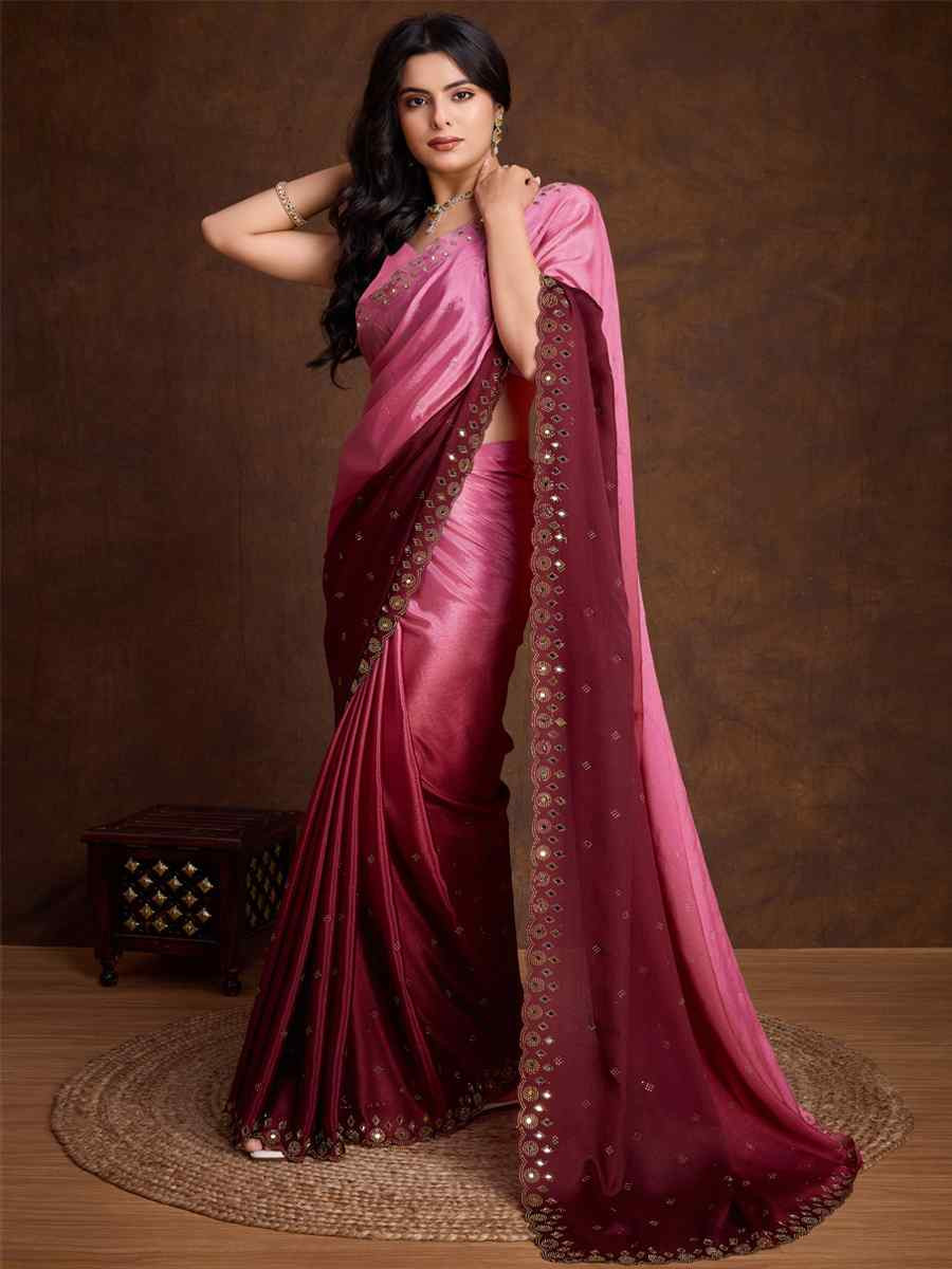 Pink Chinon Embroidered Festival Party Classic Style Saree