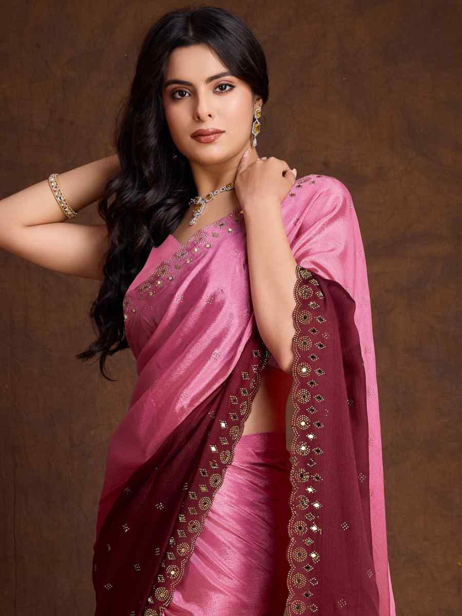 Pink Chinon Embroidered Festival Party Classic Style Saree