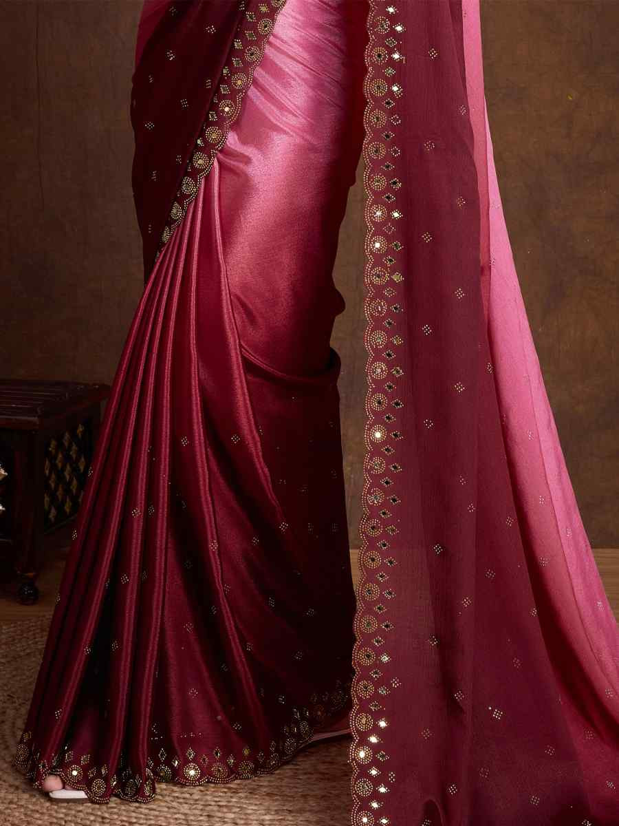 Pink Chinon Embroidered Festival Party Classic Style Saree