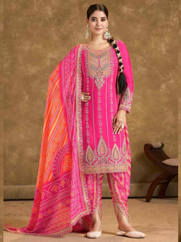 Pink Chinon Embroidered Festival Wedding Doti Pant Salwar Kameez