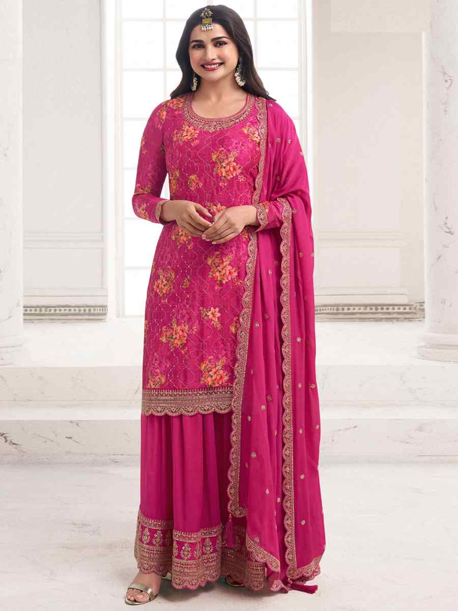 Pink Chinon Embroidered Festival Wedding Sharara Pant Salwar Kameez