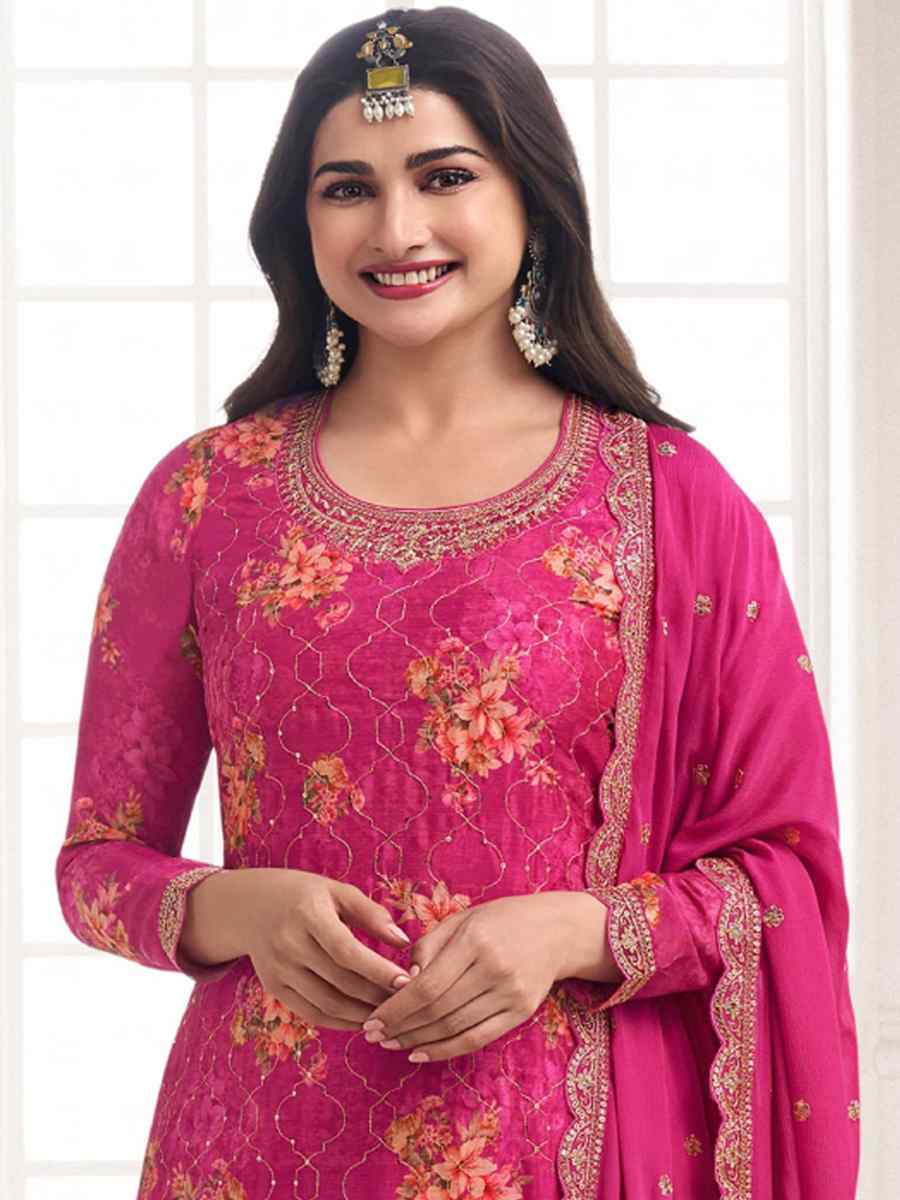 Pink Chinon Embroidered Festival Wedding Sharara Pant Salwar Kameez